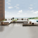canapé jardin deux places tissu beige bois marron coussins blancs moderne pieds métalliques noirs