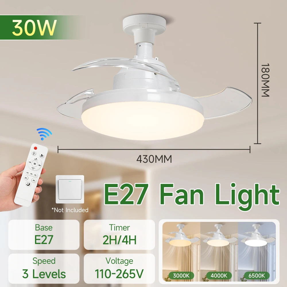ventilateur lampe led télécommande blanc moderne minimaliste 24w 30w 40w 80w e27