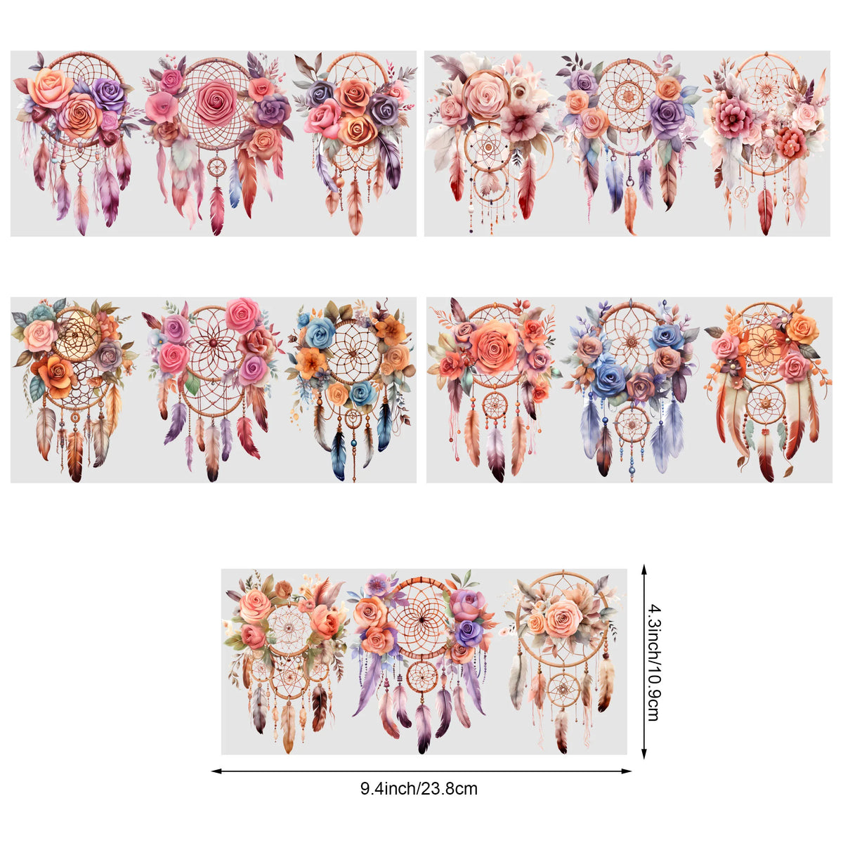 stickers adhésifs dreamcatchers fleurs plumes bohème aquarelle transparents bouteilles bois pack pièces