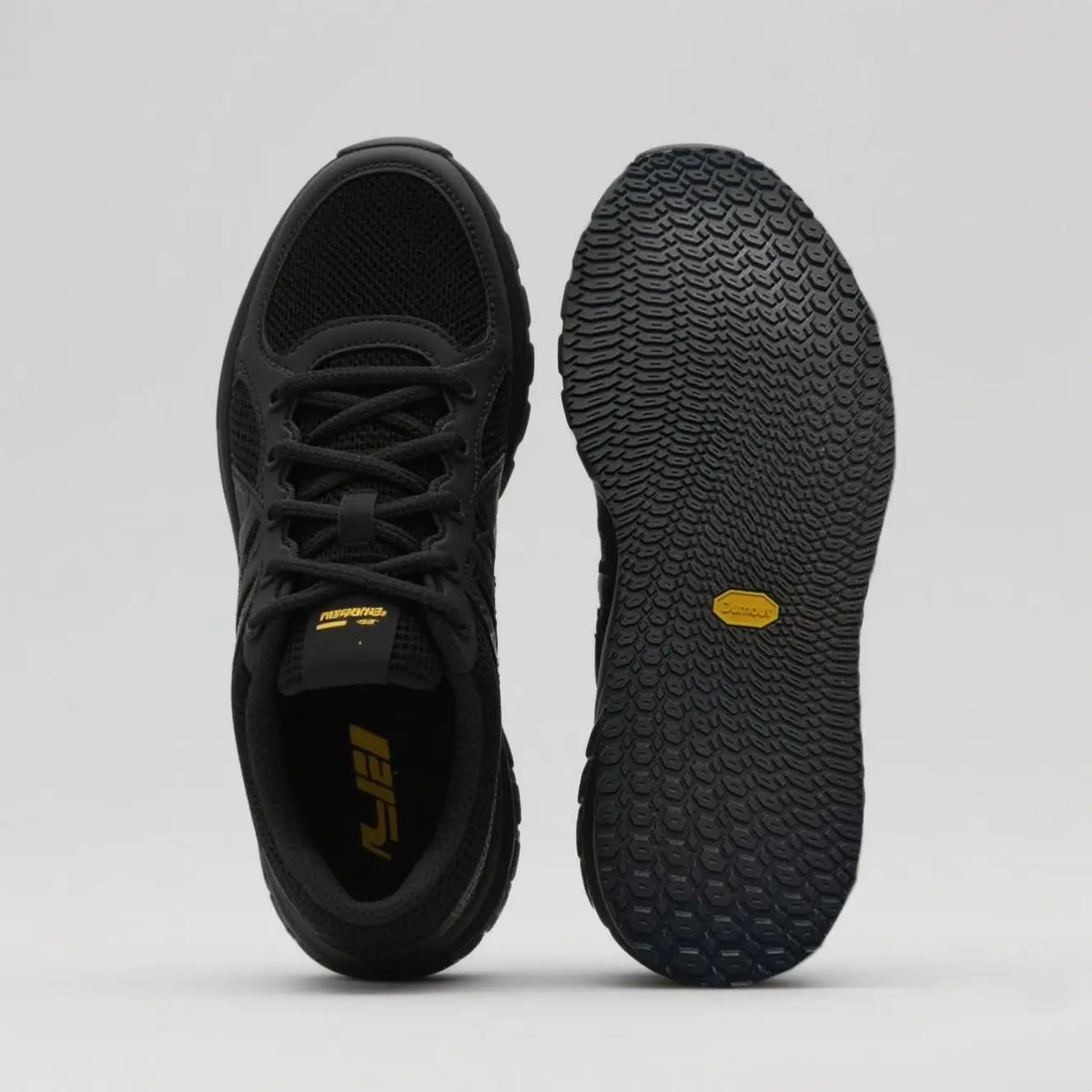 semelles sport antidérapantes résistantes hexagonales noires jaunes texturées minimalistes bricolage réparation chaussures travailleurs