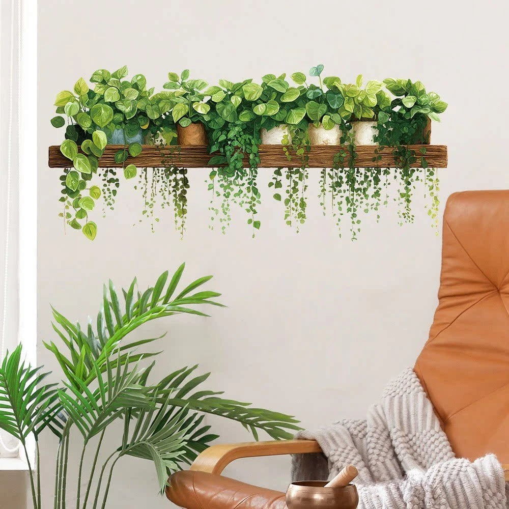 décoration murale moderne étagère murale bois naturel plante verte artificielle feuilles pots différents