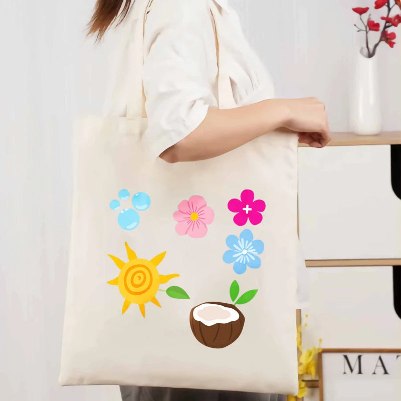 sac main toile beige imprimé floral soleil noix coco réutilisable respectueux environnement poignées tissu