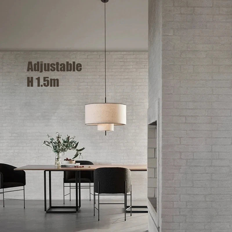 lampe suspendue moderne abat jour tissu texture lin trois tailles différentes lumière chaude blanc