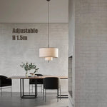 lampe suspendue moderne abat jour tissu texture lin trois tailles différentes lumière chaude blanc