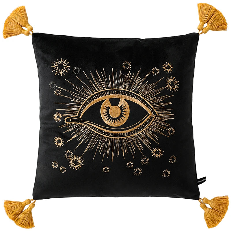housse coussin carré velours noir motif oeil tigre fleurs dorées vintage élégant tassel