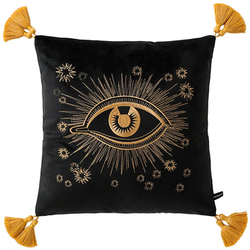 housse coussin carré velours noir motif oeil tigre fleurs dorées vintage élégant tassel