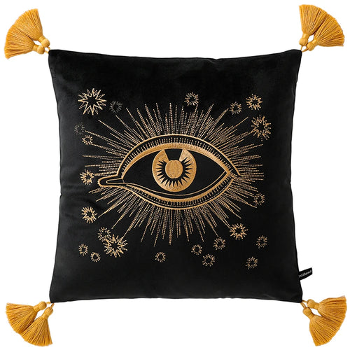 housse coussin carré velours noir motif oeil tigre fleurs dorées vintage élégant tassel
