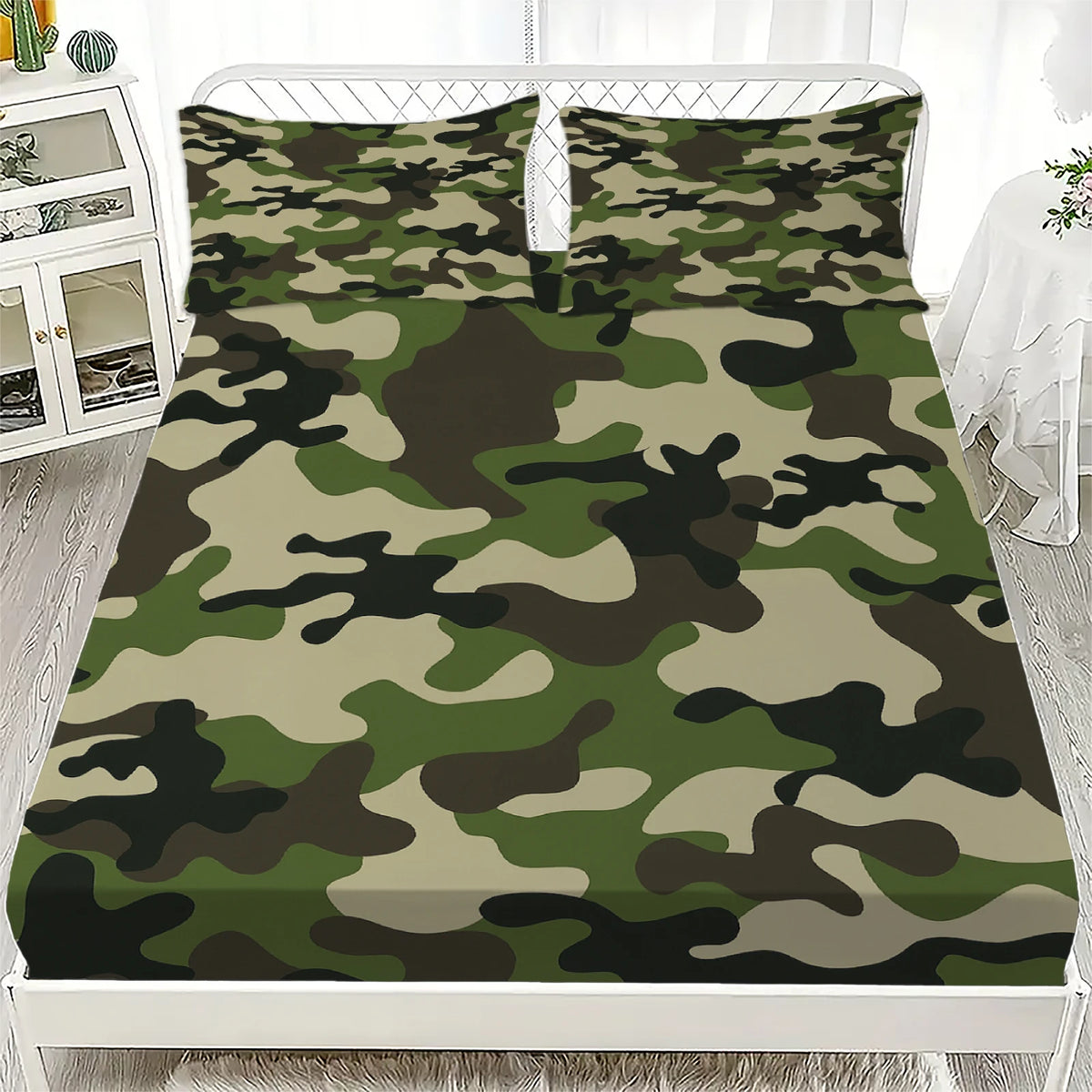 drap housse camouflage vert noir beige lit enfant moderne élastique 150x200cm polyester
