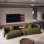 canapé salon moderne tissu beige vert olive chesterfield coussins table basse
