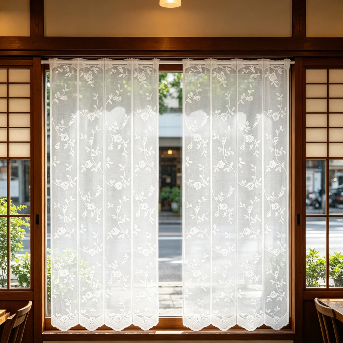 rideau floral japonais dentelle polyester translucide cadre bois chambre cuisine