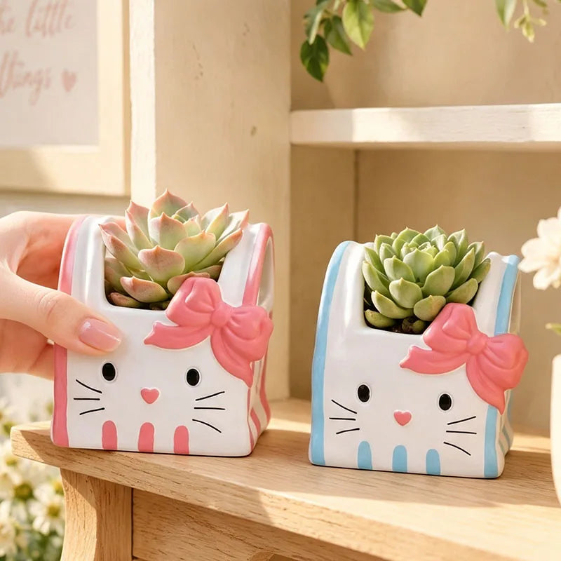 cache pot résine forme chat blanc bleu rose yeux noirs narines roses sourcils noirs