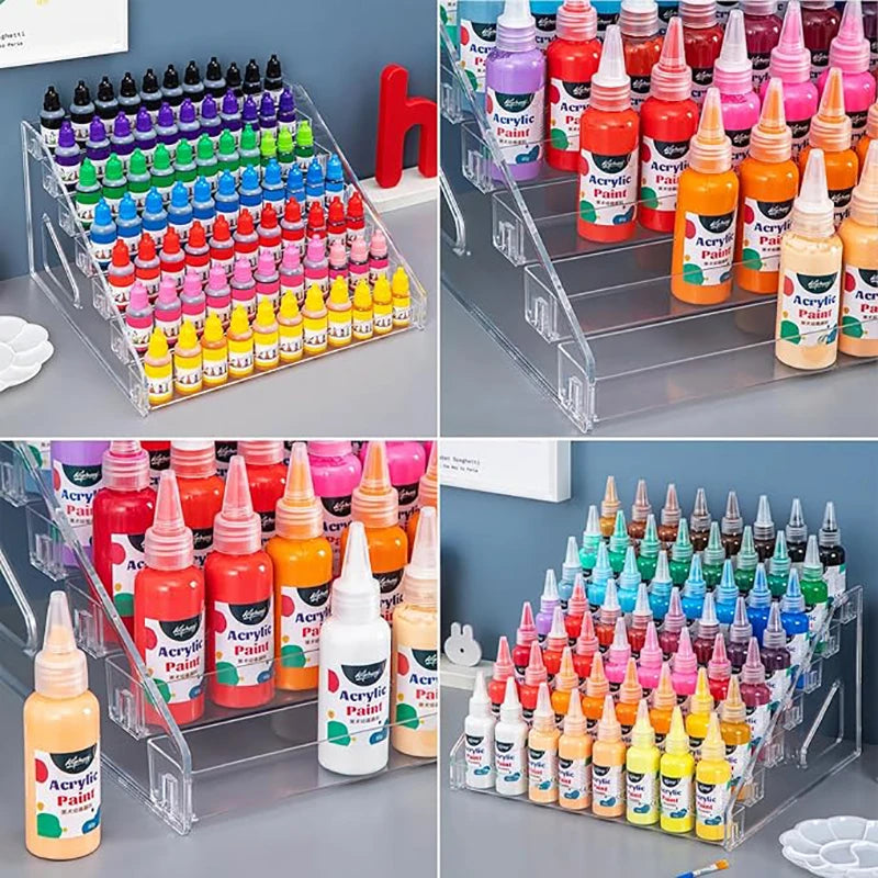 rangements bouteilles peinture acrylique multiple niveaux transparent stockage aquarelle artisanale diverse couleurs pinceaux palette