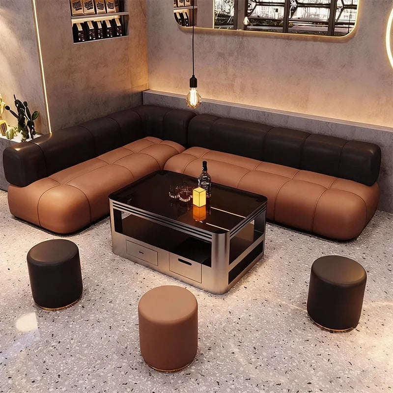 canapé d'angle moderne marron clair cuir tabourets salon minimaliste 1.2m 1.4m 1.6m