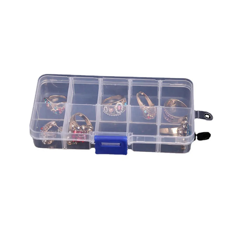 boîte rangement bijoux transparente pratique 10 compartiments clips cheveux poignée bleue