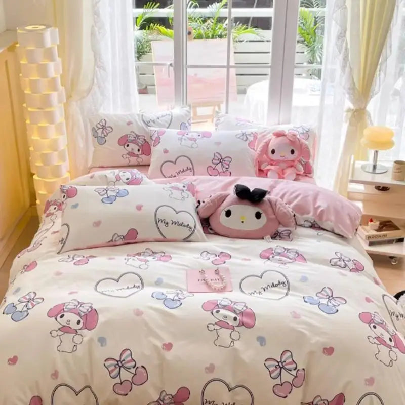 Ensemble de lit Hello Kitty avec drap et taies d'oreiller
