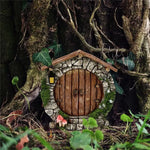 décoration jardin porte fée miniature bois brun pierre grise naturelle champignons floraux bienvenue fleur