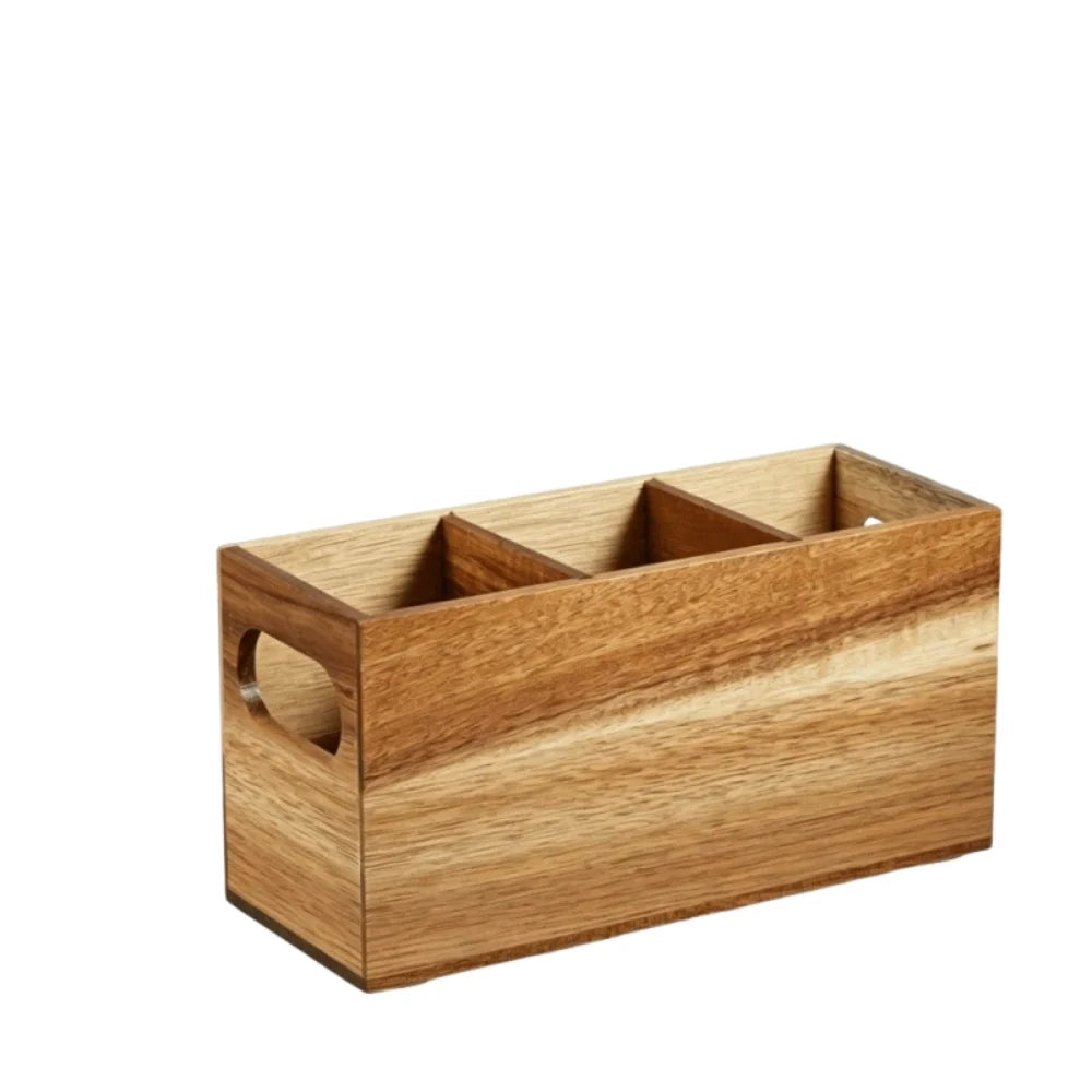 boîte couverts bois marron clair texture naturelle moderne rustique cuillères fourchettes couteaux assaisonnement huile