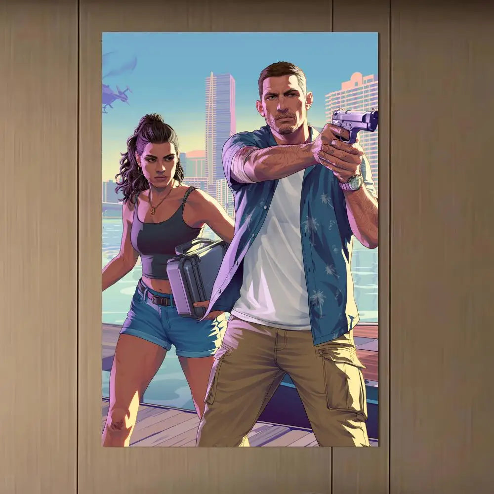 affiche jeu vidéo grand theft auto vi multicolore personnages scènes verte bleue moderne artwork