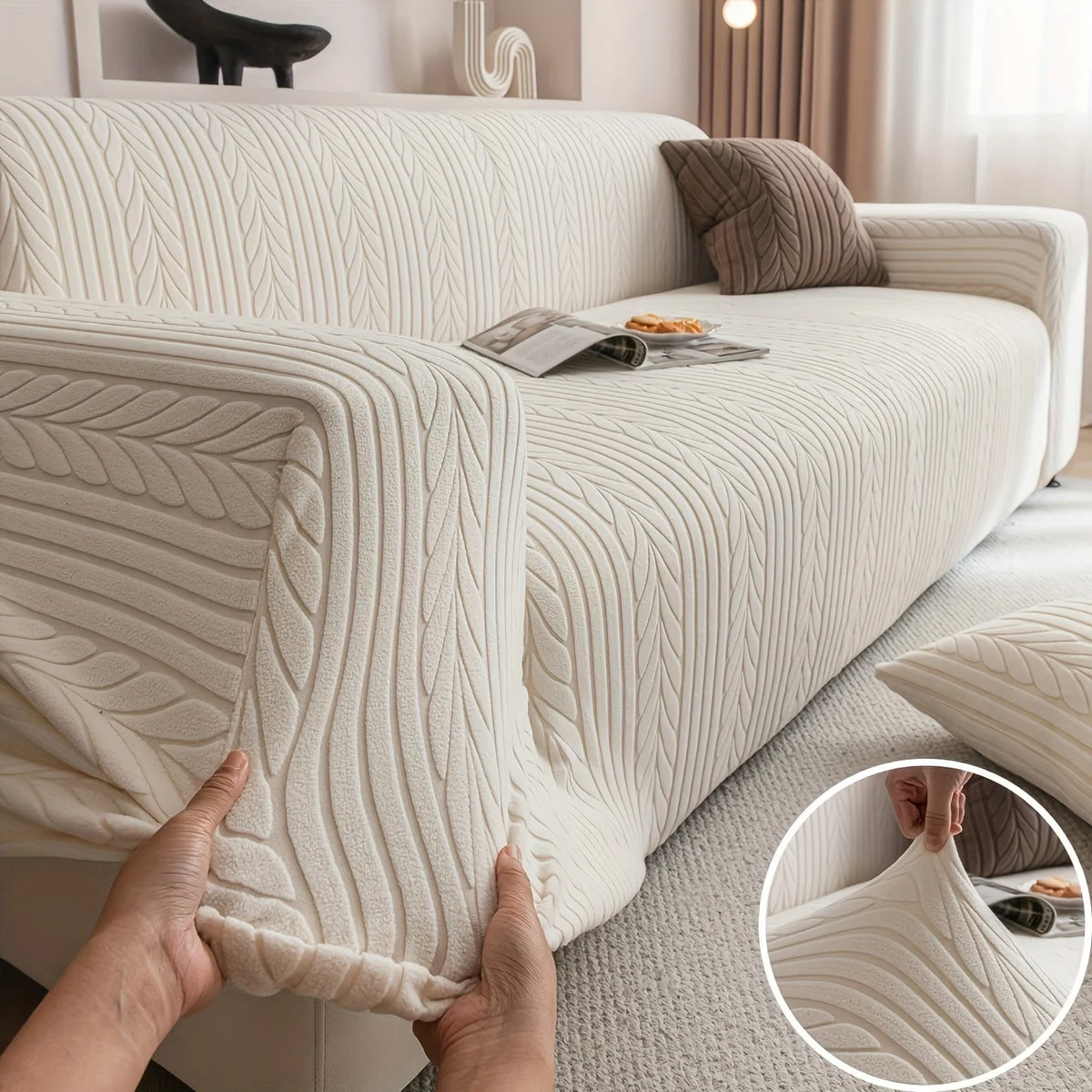 housse canapé polyester jacquard rayures verticales moderne beige clair salon lavable machine doux accueil