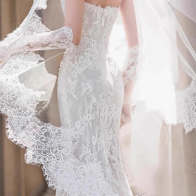 voile mariée blanc dentelle florale robe sirène gants longs inclusion ivory transparent