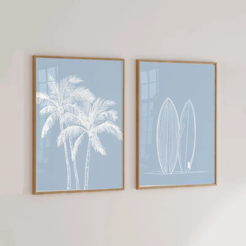 affiches modernes palmiers surf salon chambre toile impression rectangulaire vertical minimaliste bleu clair blanc