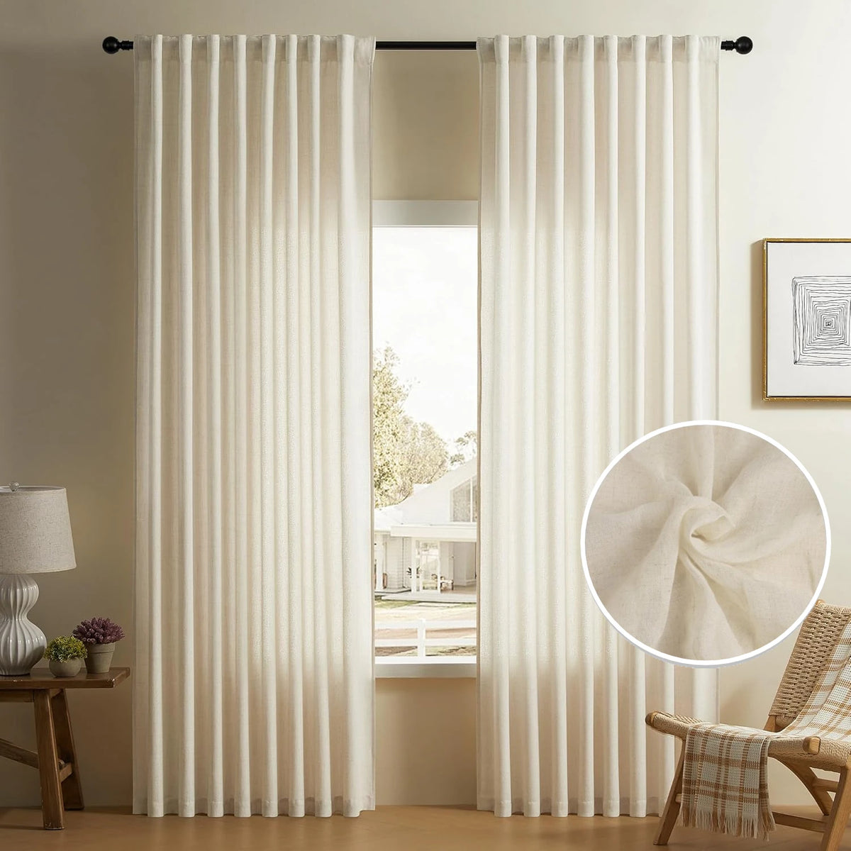 rideaux lin blanc cassé voile semi transparent boho tringle intégrée décoration intérieure neutre lumineuse