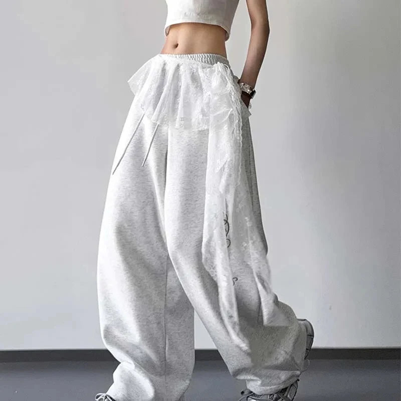 pantalon femme gris clair dentelle élastique moderne décontracté transparent y2k one size white