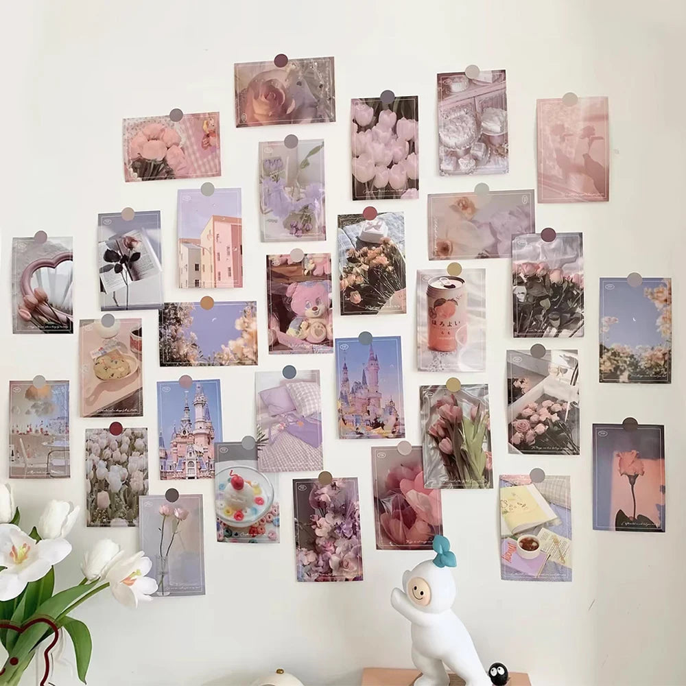 cartes postales vintage romantiques fleurs paysages objets decoratifs rose blanc gris bleu clair clips