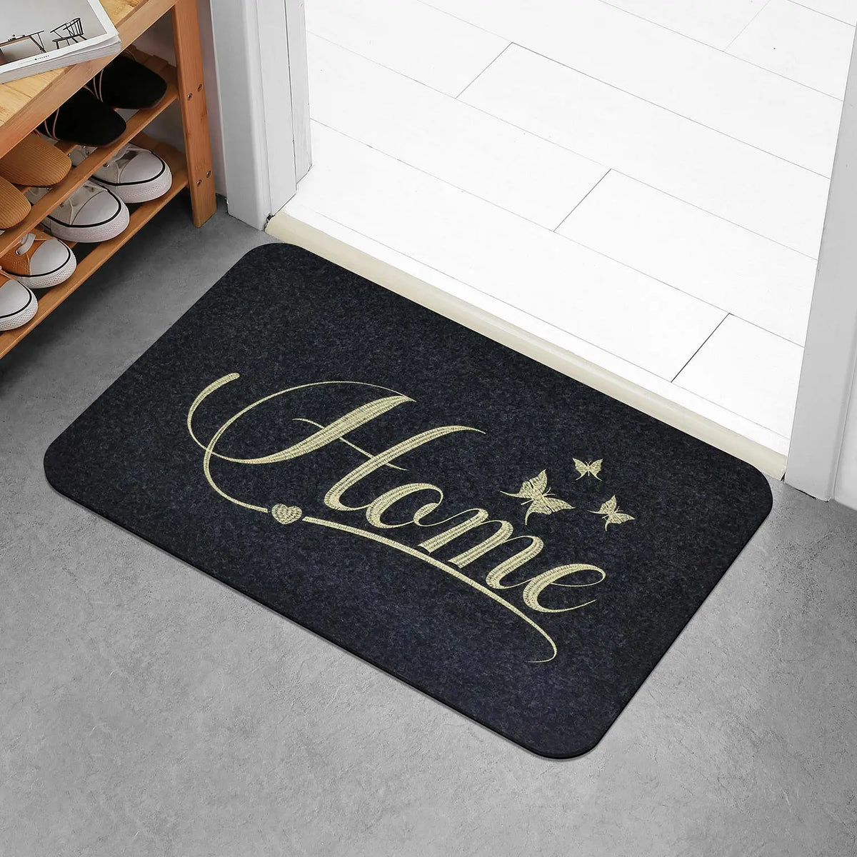 tapis d'entrée gris moderne antidérapant imperméable lettres stylisées coeur doré 60x40cm salon bain