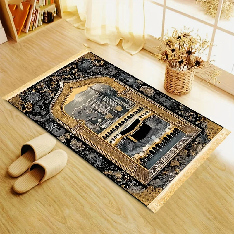 tapis prière rétro noir doré mosquée ornements floral polyester résistant décoloration usage multipleextérieurintérieur