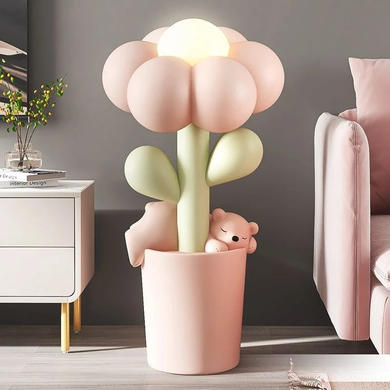 lampe pied fleur ours peluche rose verte blanche moderne enfant 85cm haute living room