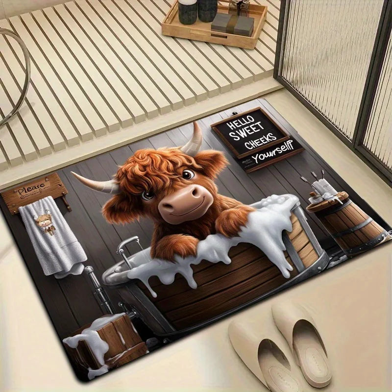 tapis sol antidérapant marron blanc motif taureau bain humour intérieur salon chambre
