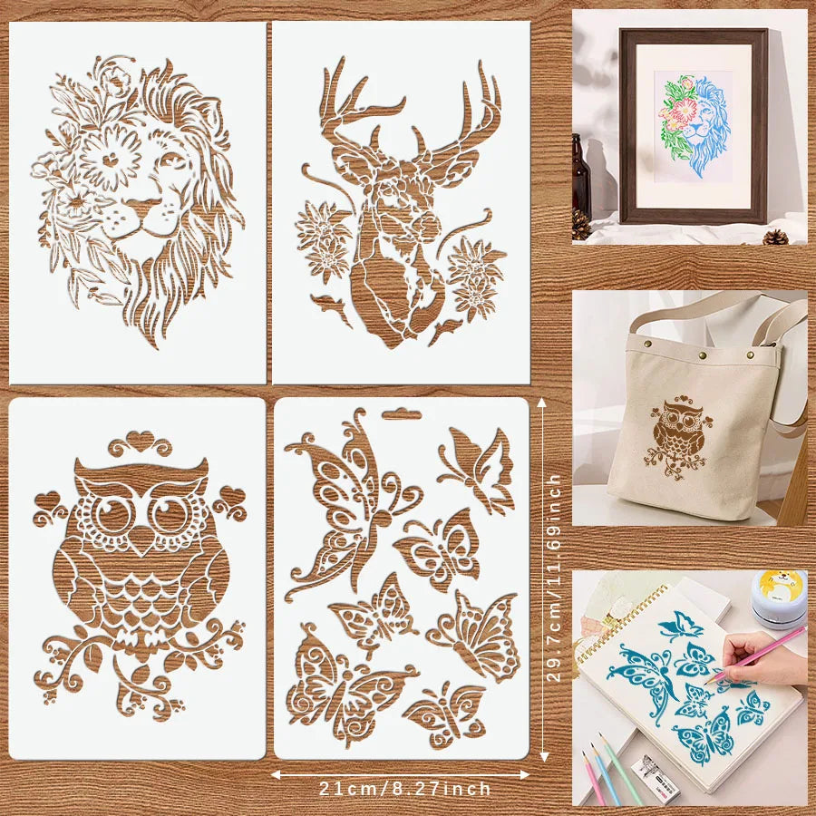 pochoirs peinture animaux lion cerf hibou papillon art décoratif adhésif tissu mur