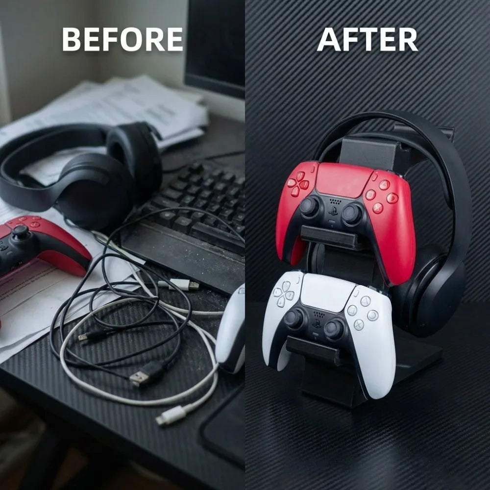 support rangement moderne manettes jeu casques audio noir organise espace jeu élégant réutilisable