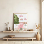affiches illustratives animales deco murale chambre enfants rose verte blanc