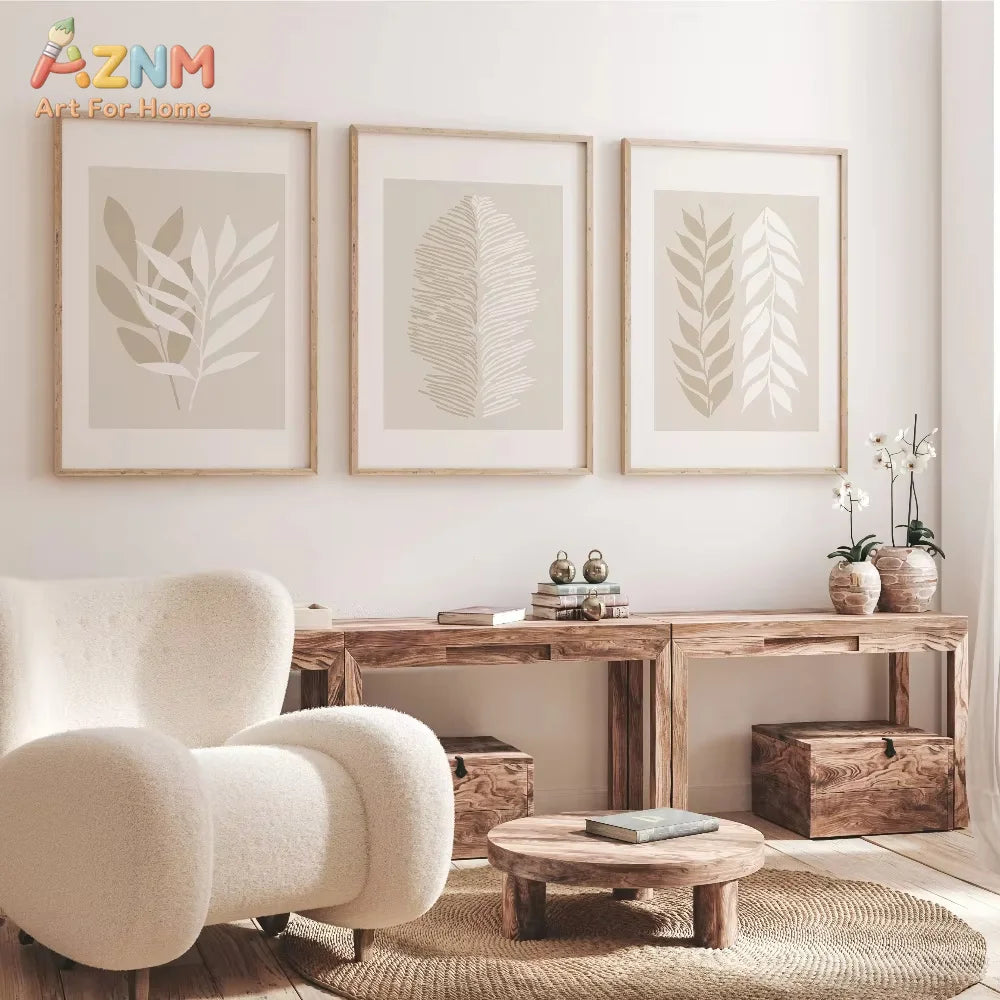 affiches minimaliste feuilles stylisées beige clair affiches imprimées toile cadre bois chambre salon decorationintérieur
