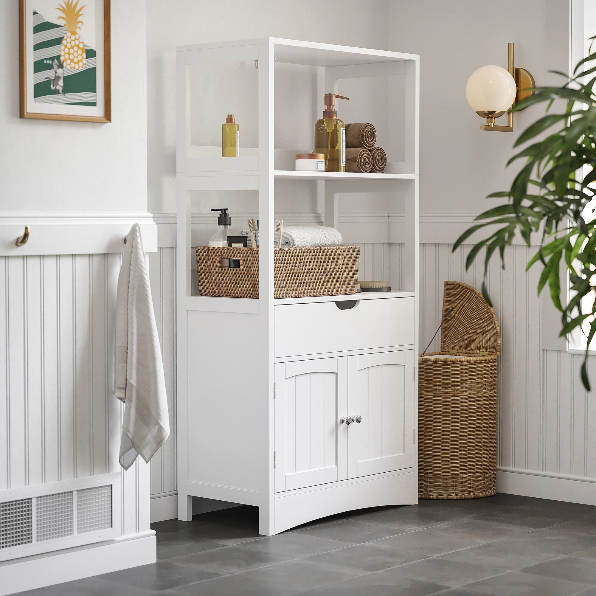 Meuble de rangement salle de bain blanc avec étagères et tiroir