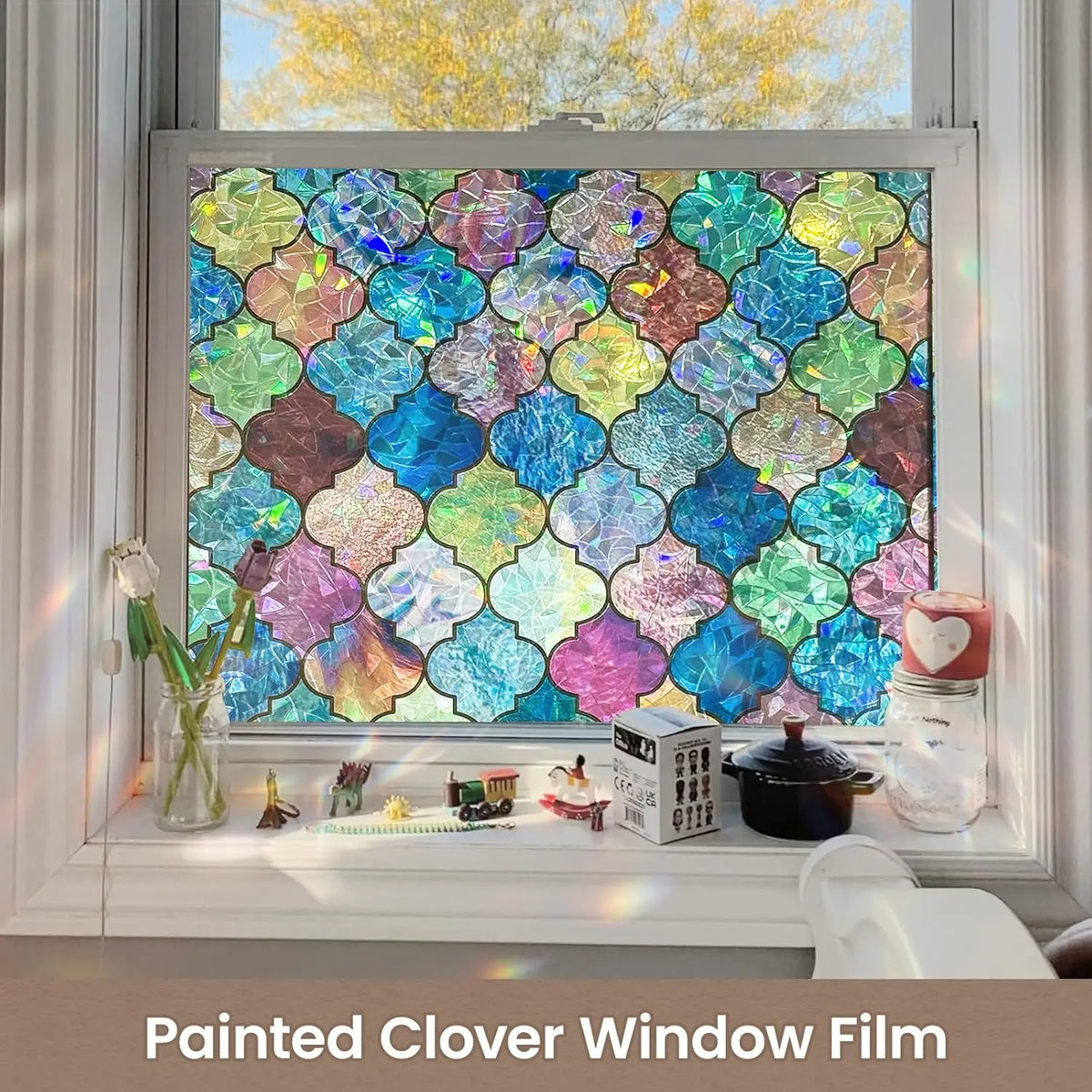 film fenêtre multicolore motif feuilles clover moderne adhésif isolation uv décoration chambre facile installer