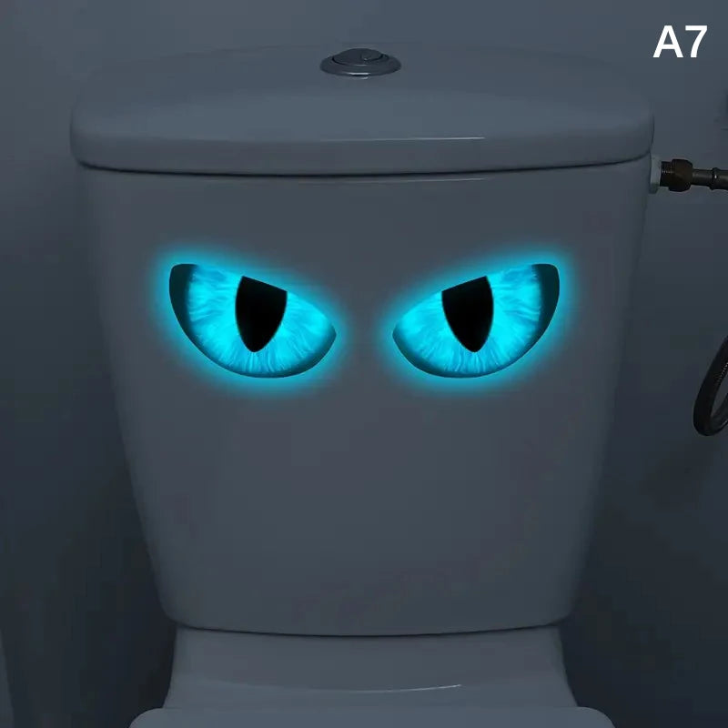 stickers toilette visage souriant yeux grands ouverts adhésifs amovibles cartoona lumineux salle bain bleu