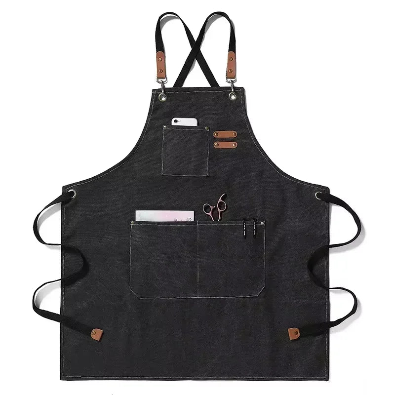 tablier cuisine toile gris classique boucles métalliques poches avant arrière adjustable