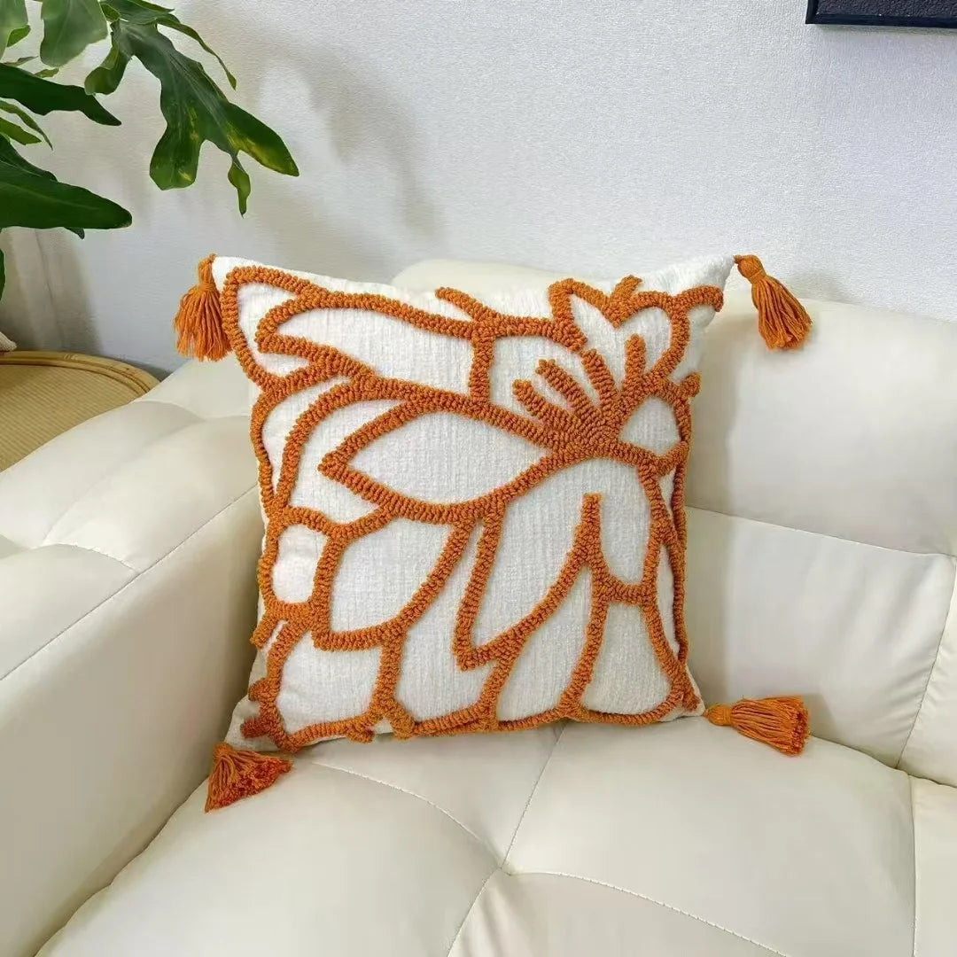 taies d'oreiller boho chic motif soleil doré brodé texture épaisse 45x45cm blanc decoration maison