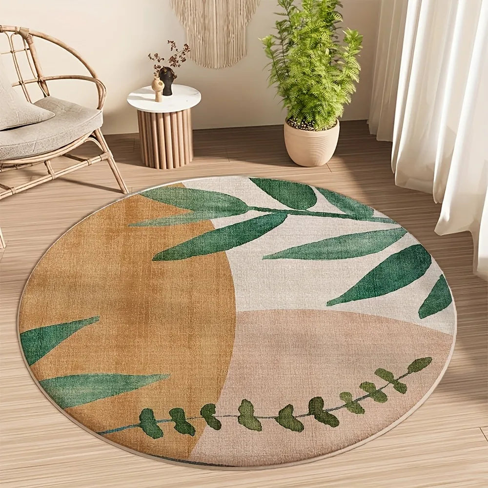 tapis rond polyester feuilles vertes fond beige bordure blanche moderne minimaliste