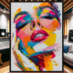 tableau abstrait multicolore contemporain expressionniste sans cadre portrait femme toile peinte décoration intérieure moderne