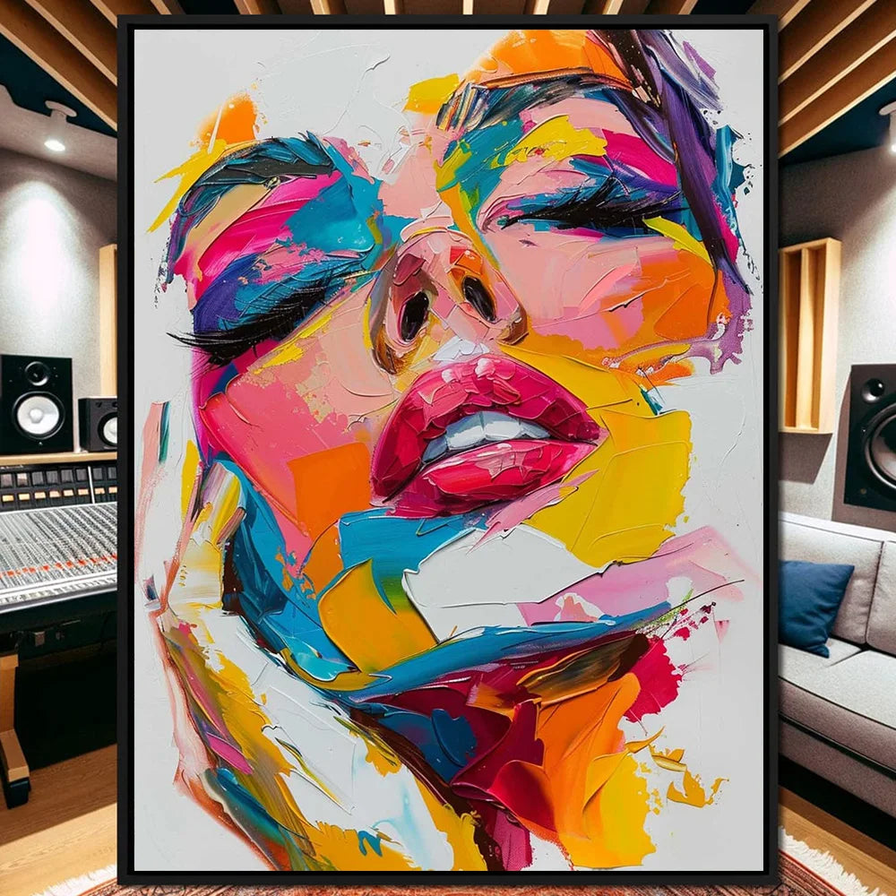 tableau abstrait multicolore contemporain expressionniste sans cadre portrait femme toile peinte décoration intérieure moderne