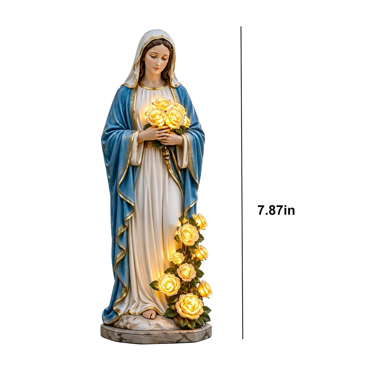 statue vierge marie résine illuminée roses blanc bleu doré extérieur intérieur religieuse classique