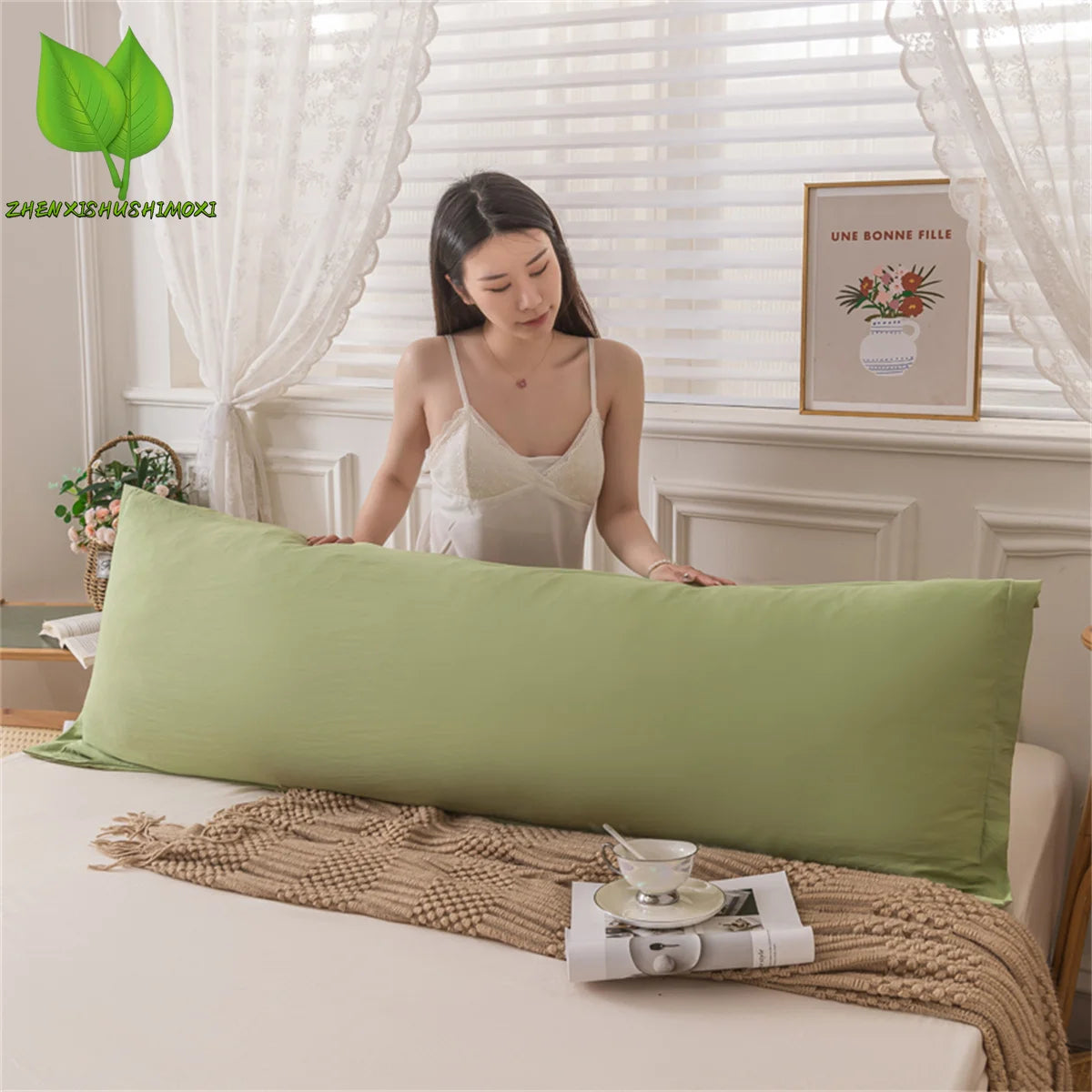 taie d'oreiller longue coussin corps vert olive moderne fixation lit maison