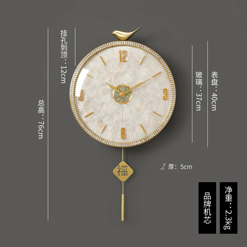 horloge murale moderne or blanc motif marbré cristaux oiseau chinois