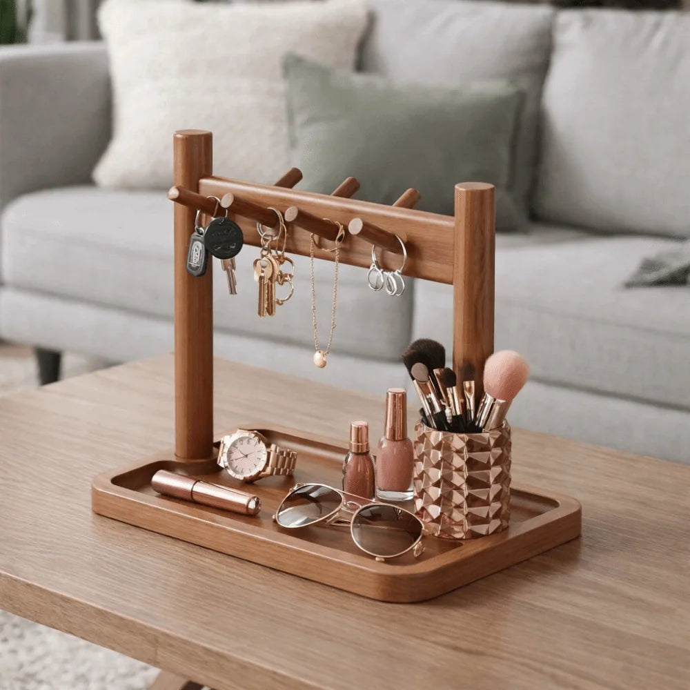 support rangement multifonctionnel bois naturel moderne porte bijoux cosmétiques marron clair sans fixation visible