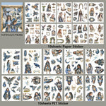 autocollants fantaisie personnages oiseaux floraux transparent adhésif bleu gris blanc noir scrapbooking décoration verre