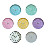 horloge murale moderne bleu clair vert pastel rose pâle jaune violet noir blanc chiffres